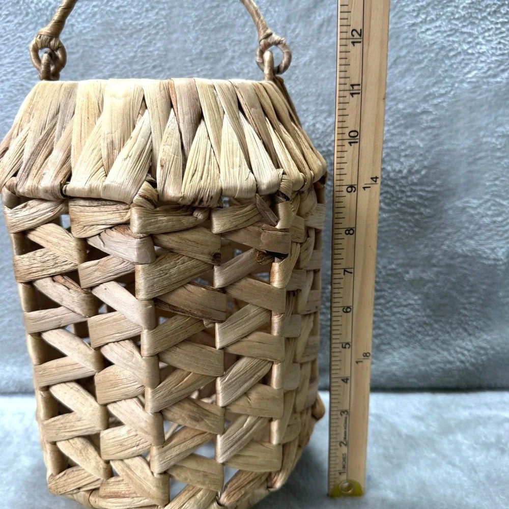 Vintage Woven Rattan Hurricane‎ Candle Holder Basket Lantern Handle Boho Decor